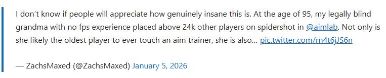 职业玩家展示自己95岁神枪手祖母 没玩过FPS但瞄准天赋惊人