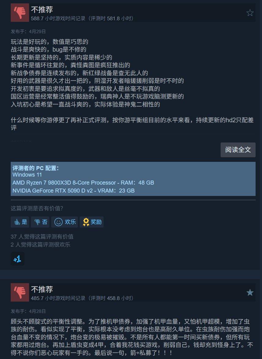 《绝地潜兵2》更新后遭差评轰炸 官方承诺5月6日进行热修复