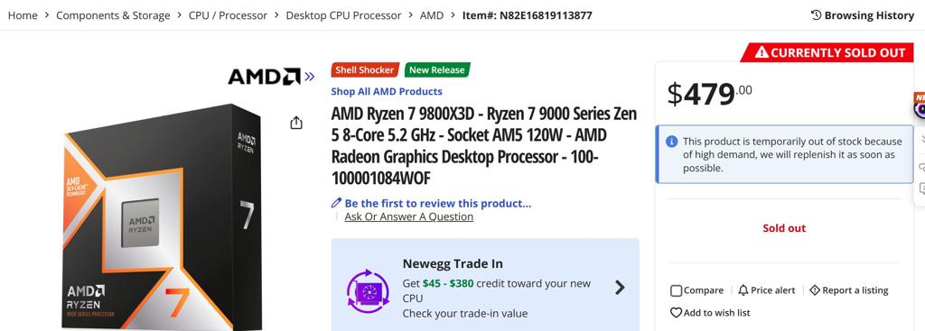 “地表最强CPU”锐龙7 9800X3D已在亚马逊、新蛋售罄