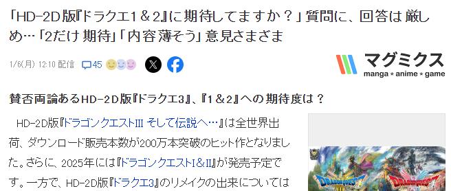 玩调《勇者斗恶龙》HD-2D版前两部期待度 1代没人气