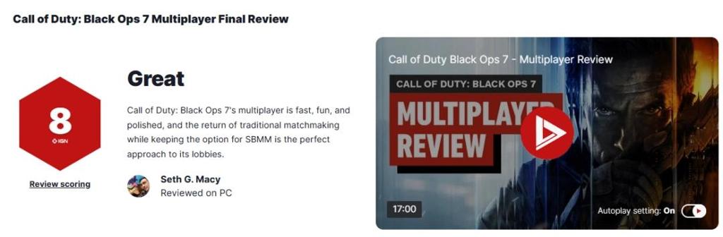 《使命召唤：黑色行动7》多人模式IGN8分：相当出色充满乐趣！