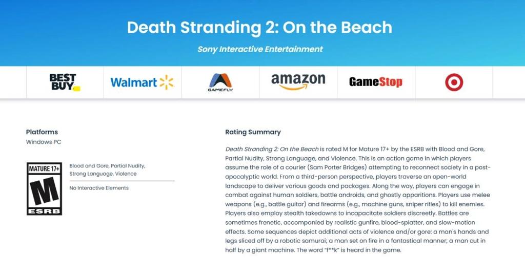 《死亡搁浅2》PC版已通过ESRB评级 或只独占半年