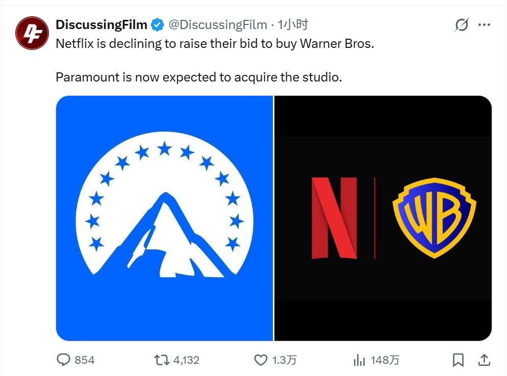 华纳兄弟收购案惊天逆转 Netflix退出、派拉蒙以1110亿美元收入囊中