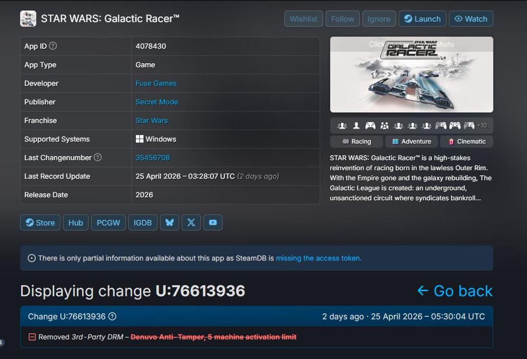 又一家放弃！《星球大战：银河赛车手》移除D加密